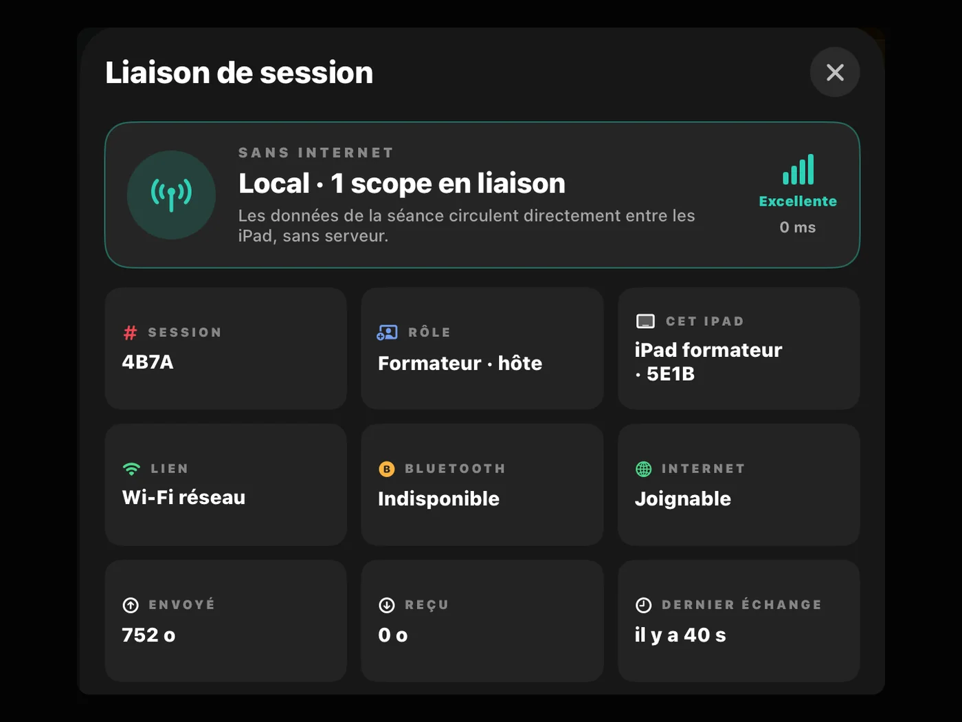 Feuille Liaison de session : séance 4B7A, mode Local sans Internet, un scope en liaison, qualité du lien excellente