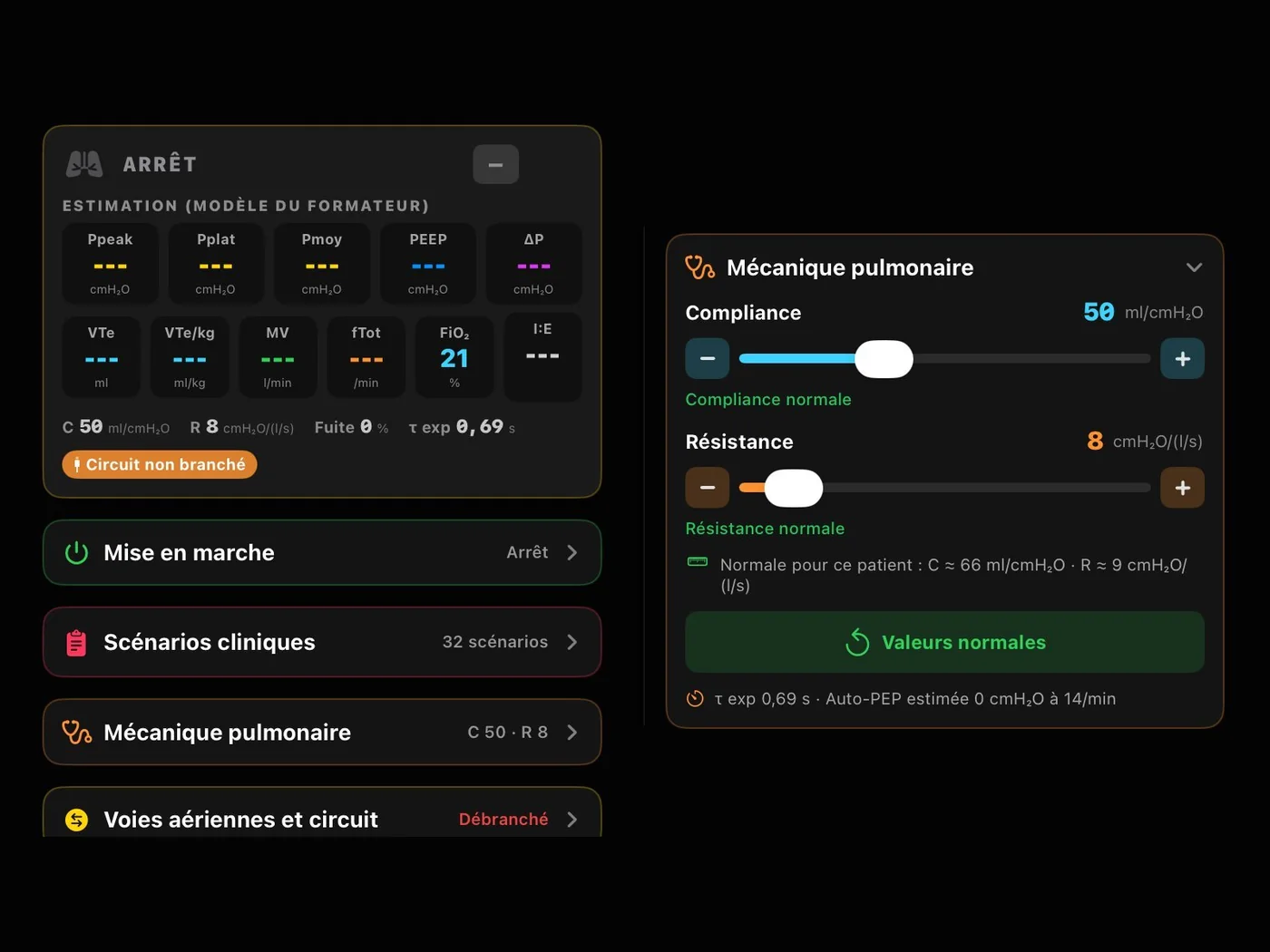 Onglet ventilation : liste des cartes (mise en marche, scénarios cliniques, mécanique pulmonaire) et réglage de la compliance et de la résistance