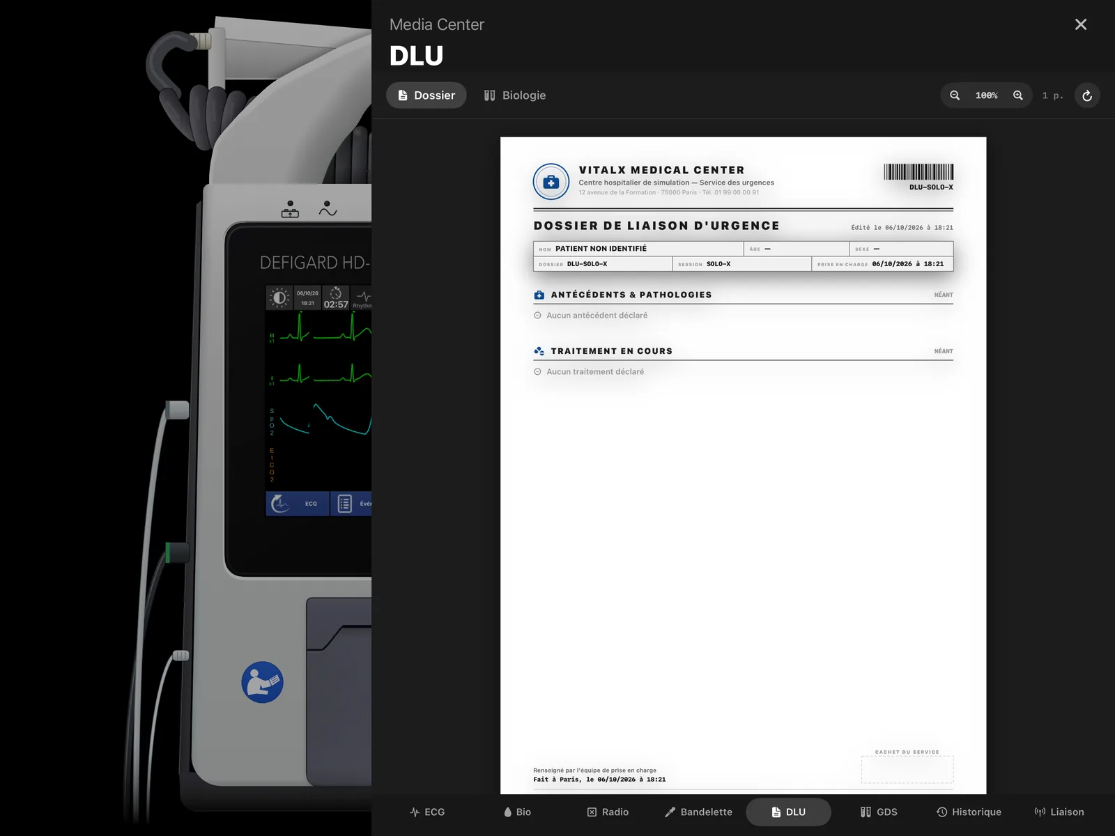 Media Center sur le DEFIGARD HD-7 — DLU : dossier de liaison d'urgence